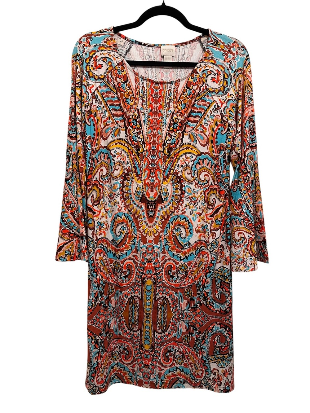 Chico's 1 or Medium Long Sleeve Paisley Shift Dress - Turquoise & Coral